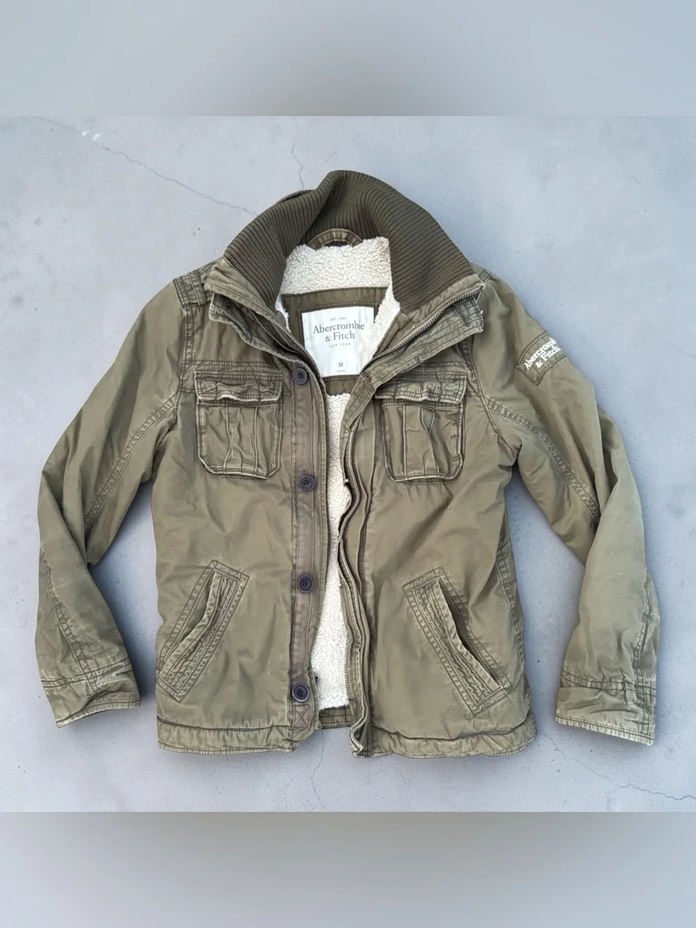 Abercrombie Fitch Cliff Mountain Sherpa Lined Twill Military Coat Olive Jacket M